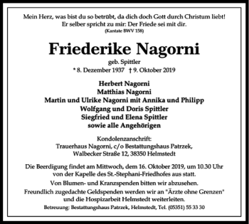 Traueranzeige von Friederike Nagorni von Helmstedter Nachrichten