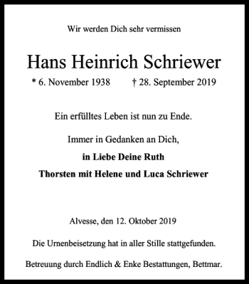 Traueranzeige von Hans Heinrich Schriewer von Braunschweiger Zeitung