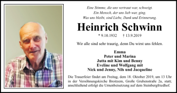 Traueranzeige von Heinrich Schwinn von Braunschweiger Zeitung