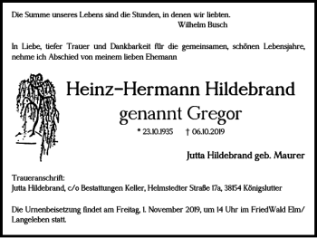 Traueranzeige von Heinz-Hermann Hildebrand von Helmstedter Nachrichten