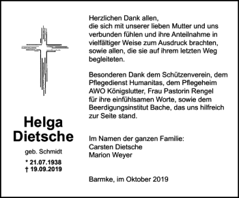 Traueranzeige von Helga Dietsche von Helmstedter Nachrichten