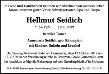 Traueranzeige von Hellmut Seidich von Braunschweiger Zeitung