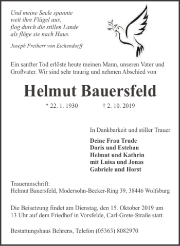 Traueranzeige von Helmut Bauersfeld von Wolfsburger Nachrichten
