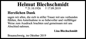 Traueranzeige von Helmut Blechschmidt von Braunschweiger Zeitung