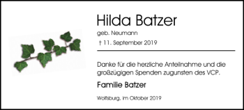 Traueranzeige von Hilda Batzer von Wolfsburger Nachrichten