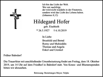 Traueranzeige von Hildegard Hofer von Helmstedter Nachrichten