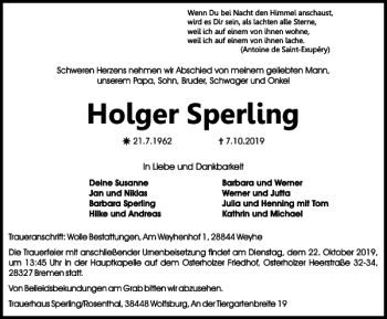 Traueranzeige von Holger Sperling von Wolfsburger Nachrichten