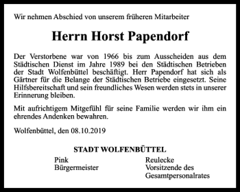 Traueranzeige von Horst Papendorf von Wolfenbütteler Zeitung