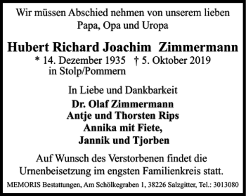 Traueranzeige von Hubert Richard Joachim Zimmermann von Salzgitter Zeitung