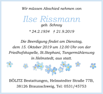Traueranzeige von Ilse Rissmann von Helmstedter Nachrichten