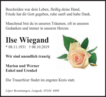 Traueranzeige von Ilse Wiegand von Peiner Nachrichten