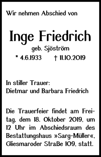 Traueranzeige von Inge Friedrich von Braunschweiger Zeitung