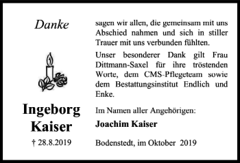 Traueranzeige von Ingeborg Kaiser von Peiner Nachrichten