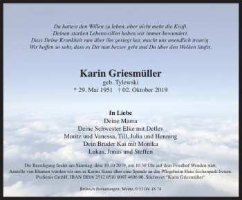Traueranzeige von Karin Griesmüller von Braunschweiger Zeitung