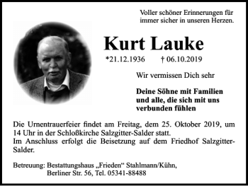 Traueranzeige von Kurt Lauke von Salzgitter Zeitung