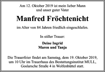 Traueranzeige von Manfred Fröchtenicht von Braunschweiger Zeitung