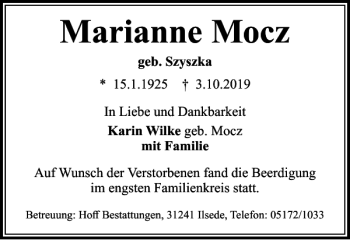 Traueranzeige von Marianne Mocz von Salzgitter Zeitung