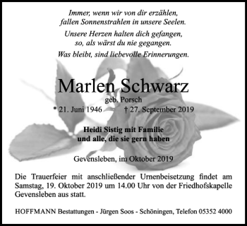 Traueranzeige von Marlen Schwarz von Helmstedter Nachrichten