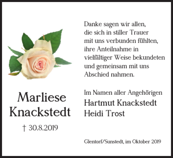 Traueranzeige von Marliese Knackstedt von Helmstedter Nachrichten