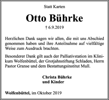 Traueranzeige von Otto Bührke von Wolfenbütteler Zeitung
