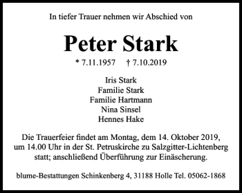 Traueranzeige von Peter Stark von Salzgitter Zeitung