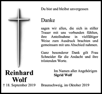 Traueranzeige von Reinhard Wolf von Braunschweiger Zeitung