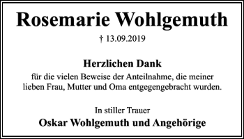Traueranzeige von Rosemarie Wohlgemuth von Wolfenbütteler Zeitung