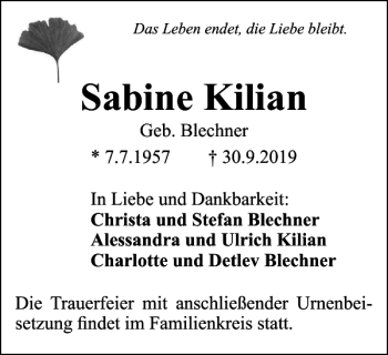 Traueranzeige von Sabine Kilian von Salzgitter Zeitung