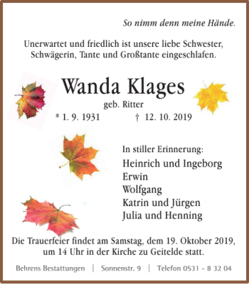 Traueranzeige von Wanda Klages von Braunschweiger Zeitung