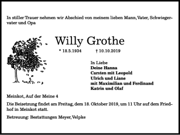 Traueranzeige von Willy Grothe von Helmstedter Nachrichten