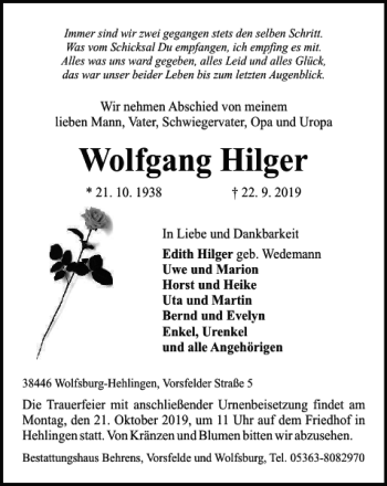Traueranzeige von Wolfgang Hilger von Wolfsburger Nachrichten