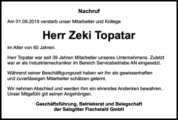 Traueranzeige von Zeki Topatar von Salzgitter Zeitung
