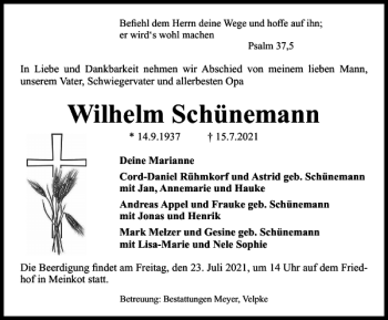 Traueranzeige von Wilhelm Schünemann von Helmstedter Nachrichten