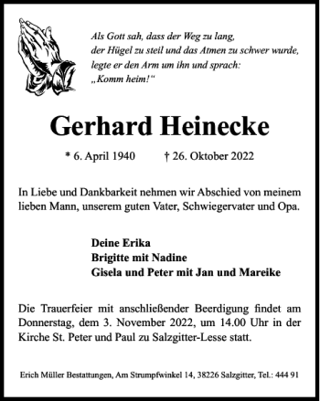 Traueranzeige von Gerhard Heinecke von Salzgitter Zeitung