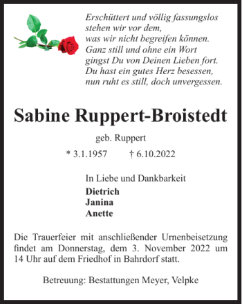 Traueranzeige von Sabine Ruppert-Broistedt von Helmstedter Nachrichten