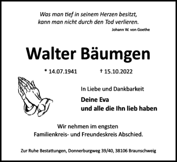 Traueranzeige von Walter Bäumgen von Braunschweiger Zeitung