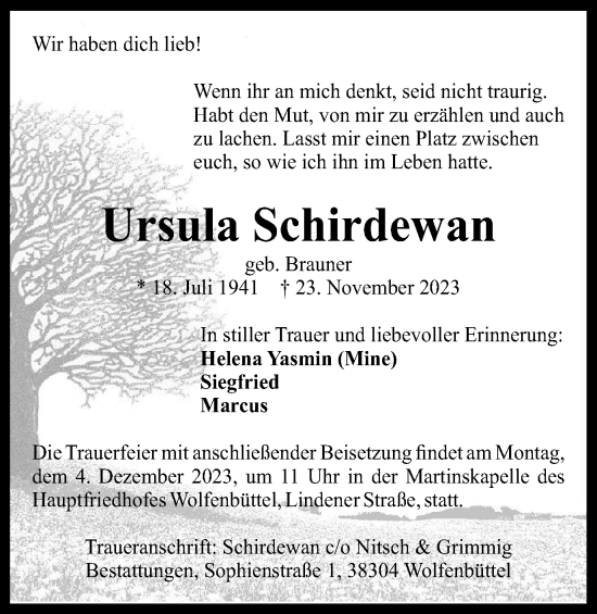 Traueranzeige von Ursula Schirdewan von Wolfenbütteler Zeitung