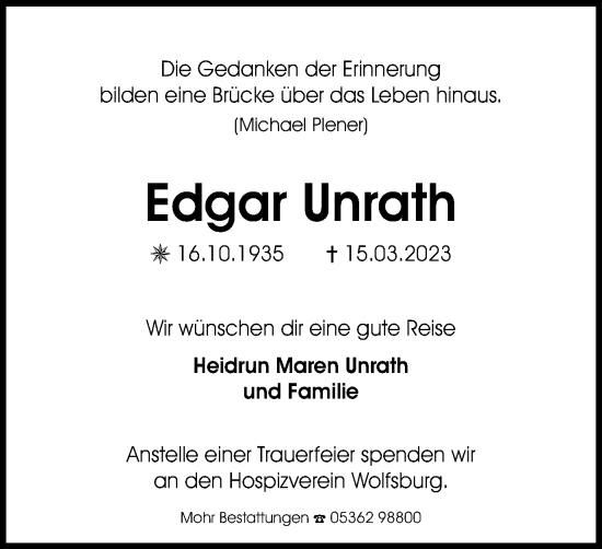 Traueranzeige von Edgar Unrath von Wolfsburger Nachrichten
