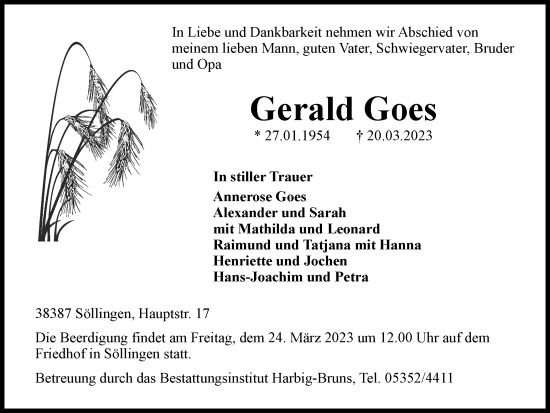Traueranzeige von Gerald Goes von Helmstedter Nachrichten
