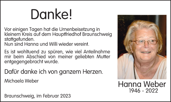 Traueranzeige von Hanna Weber von Braunschweiger Zeitung
