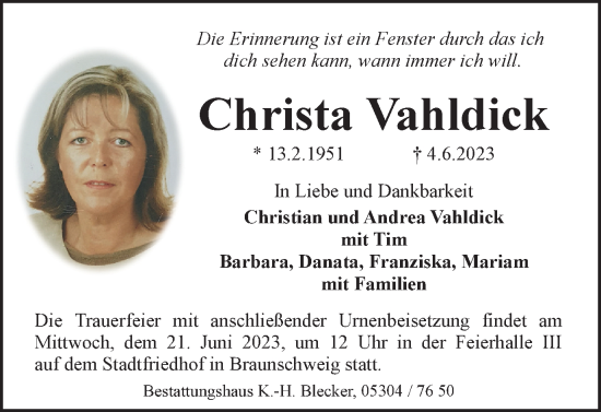 Traueranzeige von Christa Vahldick von Braunschweiger Zeitung