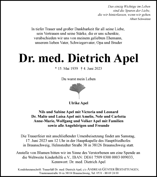 Traueranzeige von Dietrich Apel von Braunschweiger Zeitung