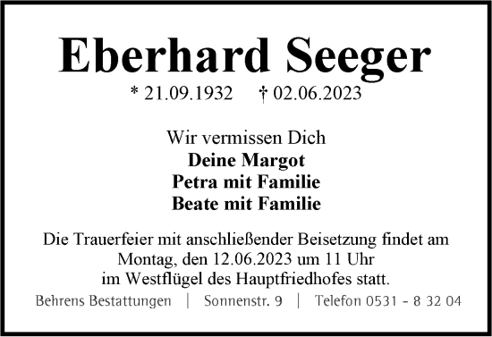 Traueranzeige von Eberhard Seeger von Braunschweiger Zeitung