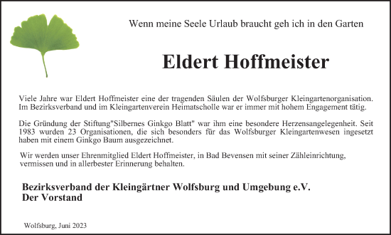 Traueranzeige von Eldert Hoffmeister von Wolfsburger Nachrichten