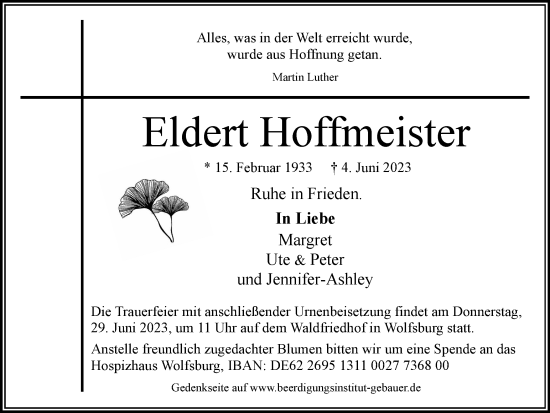 Traueranzeige von Eldert Hoffmeister von Wolfsburger Nachrichten
