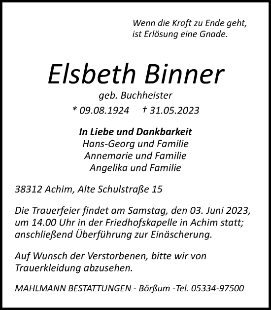 Traueranzeige von Elsbeth Binner von Wolfenbütteler Zeitung