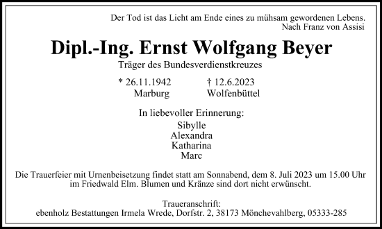 Traueranzeige von Ernst Wolfgang Beyer von Braunschweiger Zeitung