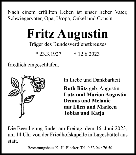 Traueranzeige von Fritz Augustin von Braunschweiger Zeitung