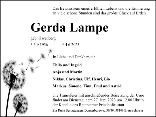 Traueranzeige von Gerda Lampe von Braunschweiger Zeitung