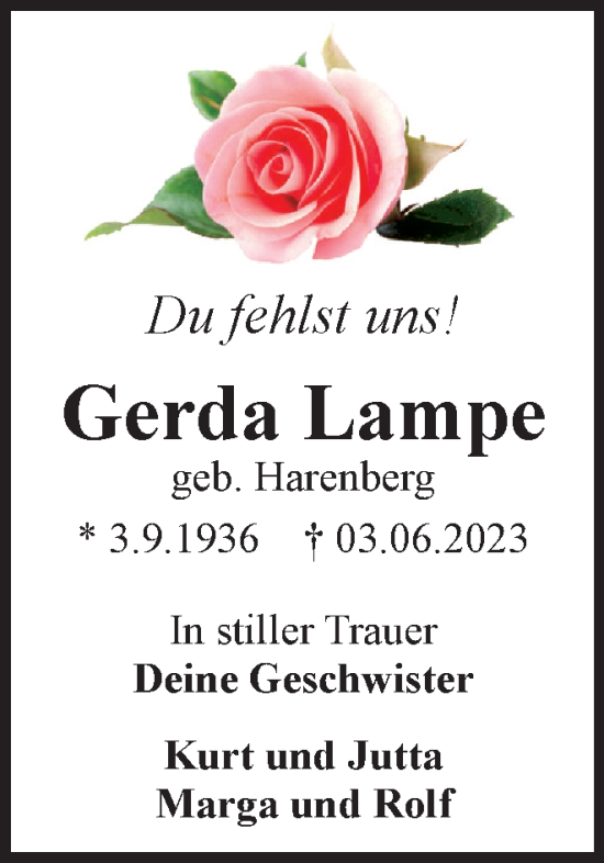 Traueranzeige von Gerda Lampe von Braunschweiger Zeitung